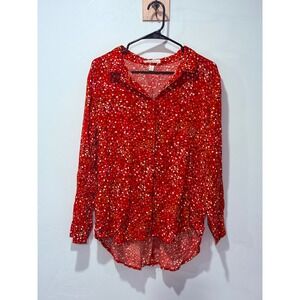 Alexander Jordan Red Abstract Dot Rayon Button Down Blouse XL High Low Hem